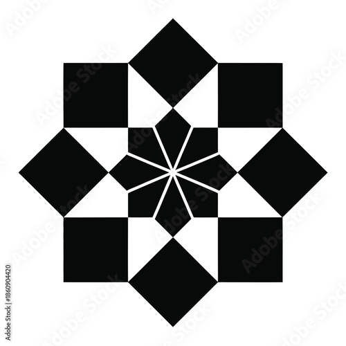 Black and white abstract geometric pattern design with squared shapes and diamond elements on transparent background seamless tiling effect symmetrical starburst art form