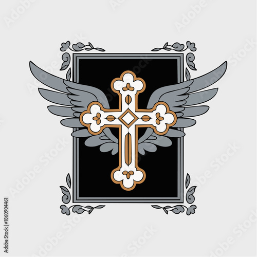 Winged Cross Emblem with Ornate Frame.
