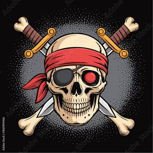 Pirate Skull With Eye Patch And Swords Emblem.