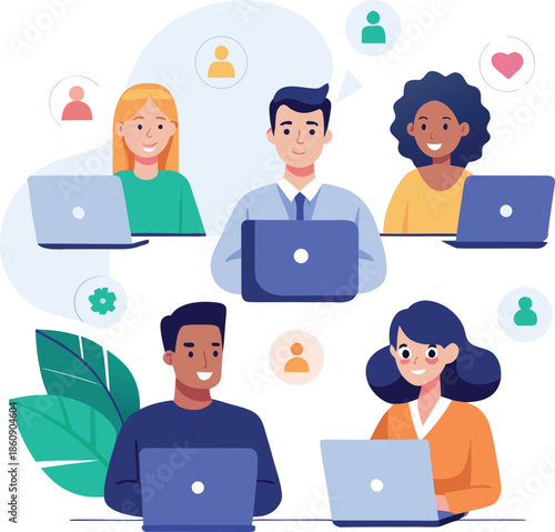 Diverse multicultural team working on laptops flat vector illustration for remote work and digital collaboration