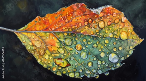 Detailed illustration of an autumn leaf with vibrant color transitions and fresh water droplets