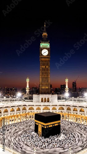 A towering clock tower in the foreground, with a large, black cube surrounded by people. Evening sky