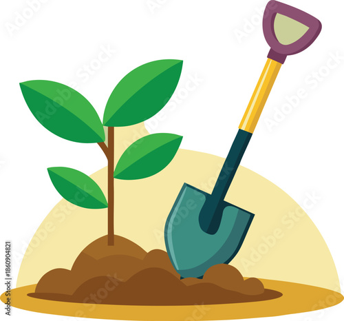 Planting a young green sprout in soil with a gardening shovel flat vector illustration for growth and environment concepts