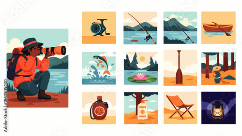 Enthusiastic female nature photographer with telephoto lens capturing outdoor beauty by the lake, surrounded by camping, fishing, and adventure gear.