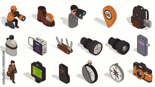 Isometric icons: outdoor adventure, travel, and photography equipment. Essential gear for hiking, exploration, nature trips, and tourism activities.