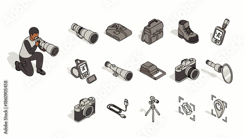 Isometric vector illustration of a photographer with a telephoto lens and a comprehensive set of photography equipment for outdoor and pro use.