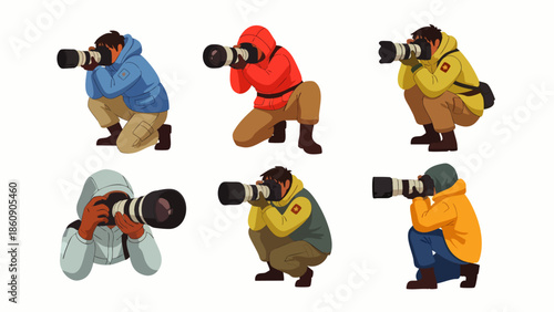 Six photographers in action, crouching and taking photos with professional cameras, diverse outfits and colors