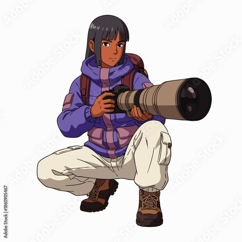 Young anime woman photographer in outdoor gear, crouching with a large telephoto lens, ready for wildlife or nature photography adventure.
