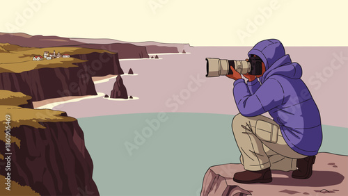 Illustrated scene of a dedicated photographer on a rugged cliff, aiming a long lens at the vast, beautiful ocean and distant coastline.