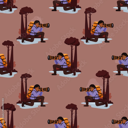Seamless pattern of a nature photographer with a telephoto lens, crouching in the wilderness, observing wildlife. Outdoor adventure and exploration illustration.