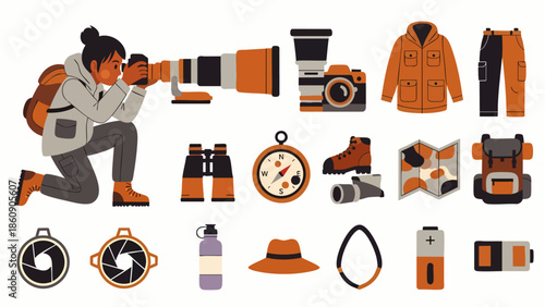 Outdoor Photography Gear and Equipment Set: Photographer with Camera, Backpack, Binoculars, Map, and Clothing