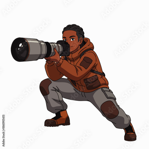 Young Black Man Crouching with Professional Telephoto Camera Lens, Capturing a Shot in Outdoor Adventure Gear
