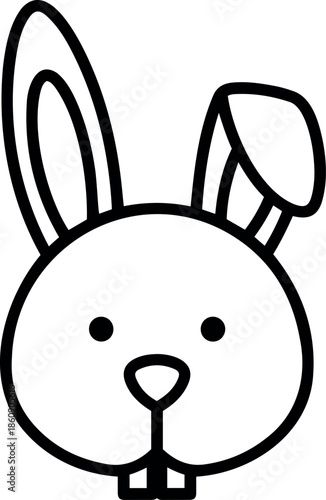 Cute minimalist black and white line art vector illustration of a rabbit head with one floppy ear and teeth