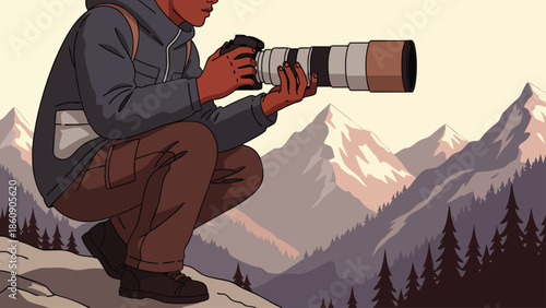 Illustrative image of a photographer crouching on a mountain ridge, capturing the majestic landscape with a telephoto lens.