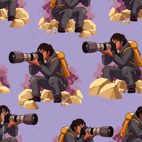 Seamless pattern featuring an outdoor photographer with a telephoto lens, crouching on rocks, ready to capture nature or wildlife. Adventure hobby illustration.