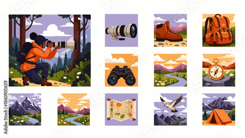 Nature photography and outdoor adventure essentials illustration set. Featuring a photographer, hiking gear, scenic landscapes, and travel exploration tools.