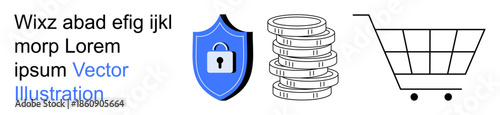 Cybersecurity, e-commerce, online shopping, payment security, data protection, financial safety. A shield with a lock, stacked coins and a shopping cart. Cybersecurity and e-commerce concept