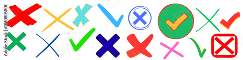 Hand drawn check marks, crosses, and approval symbols in multiple colors. Ideal for feedback, evaluation, rating systems, and user interface design.