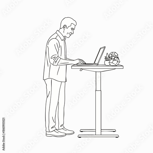 Man working on a laptop at a standing desk, illustration of modern office ergonomics and healthy work habits
