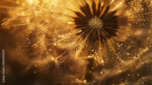 Dark Golden Dandelion Macro with Crystal Water Droplets and Sparkling Light on Seed Fluff