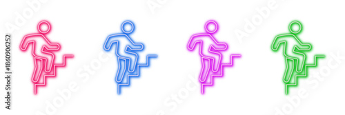 Neon glowing upstairs sign vector icons set, progress, success, upward, growth, vibrant colorful digital design.