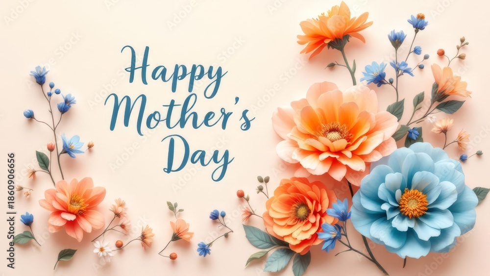 Obraz premium Elegant Mother’s Day card with decorative orange and blue blossoms, artistic composition, and handwritten typography. Ideal for greeting cards, posters, and gifts