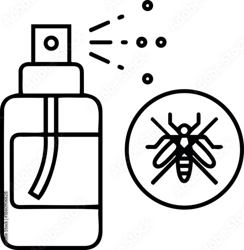 Minimalist black and white line art icon of insect repellent spray bottle protecting against mosquitoes and flying pests