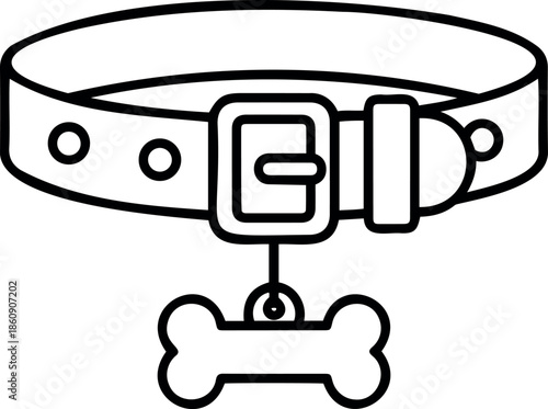 Minimalist black and white line art illustration of a pet dog collar featuring a bone shaped identification tag