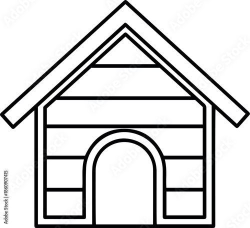 Minimalist black and white line art vector icon of a classic wooden doghouse kennel for pet shelter and home