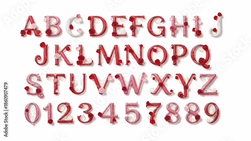 Decorative Red Alphabet Letters and Numbers in a Fun, Playful Style, Perfect for Creative Projects and Graphic Design