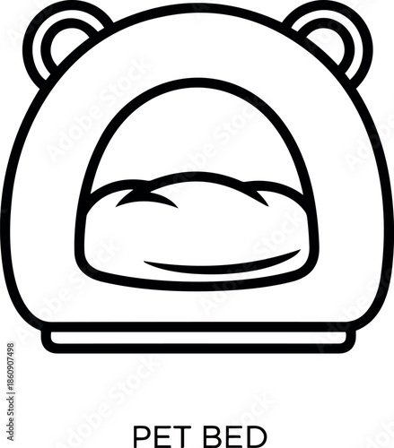Minimalist black and white line art vector icon of a cozy bear-shaped pet bed cave for cats dogs