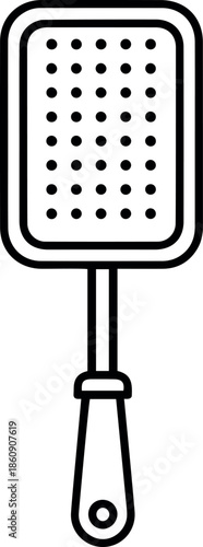 Minimalist black and white line art vector icon of a fly swatter tool for household pest control and insect management