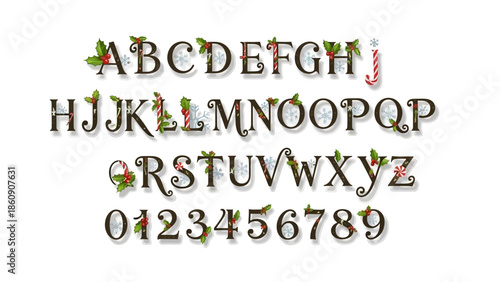 Christmas-themed decorative alphabet and numbers featuring holly berries and snowflakes, perfect for holiday signage, invitations, and festive crafts