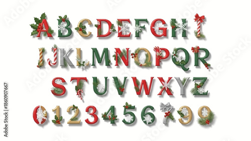 Festive Christmas Alphabet and Numbers Collection with Holly, Candy Canes, and Snowflakes - Perfect for Holiday Greetings and Decorations