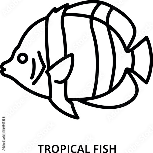 Minimalist black and white line art vector icon of tropical fish for marine life logos and aquatic nature