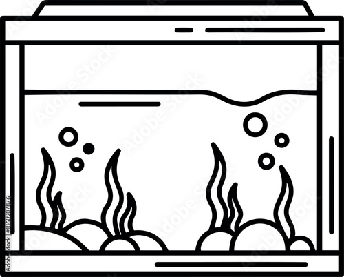 Minimalist black and white line art vector illustration of a rectangular glass aquarium with water, seaweed, and bubbles