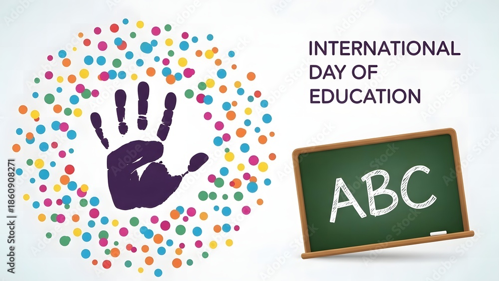 Fototapeta premium International day of education poster with handprint and chalkboard