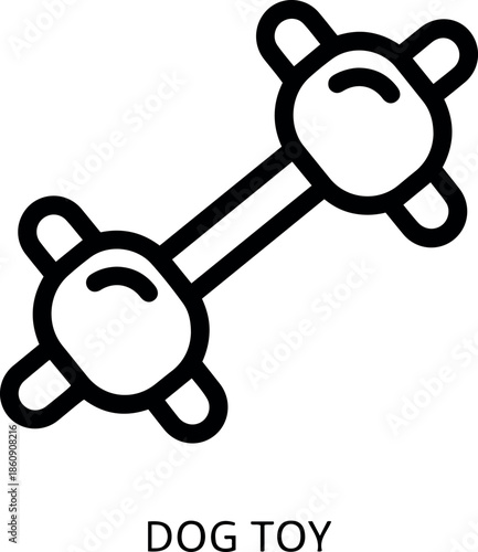 Minimalist black and white vector line icon of a barbell shaped dog chew toy for pet play and care