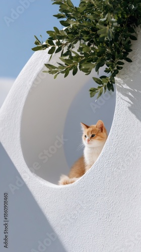 Cozy Corner: A serene cat perches gracefully within a rounded architectural nook, embraced by a splash of greenery under a clear, cloudless sky.