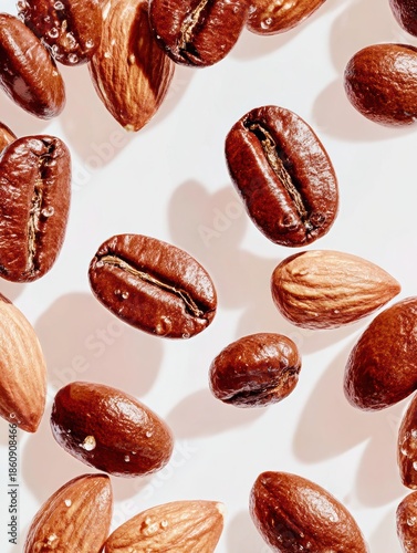 Roasted Coffee Beans and Almonds: A close-up view presents roasted coffee beans and almonds in a natural arrangement. The rich tones of the coffee beans and almonds are set against a subtle backdrop.
