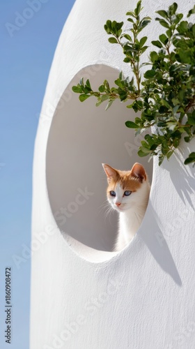 Curious Cat's Lookout: A charming, wide-eyed cat peeks from an architectural opening, framed by the stark contrast of a pristine wall and the vibrant green of surrounding foliage. Its gaze.