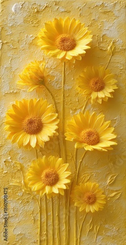 Golden Sunflower Symphony: A cluster of radiant sunflowers, in full bloom, against a textured golden backdrop, the floral arrangement captures the warmth and charm.