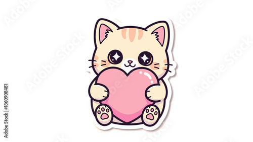 Cute Kawaii Kitten Holding Pink Heart, Adorable Cartoon Animal Sticker