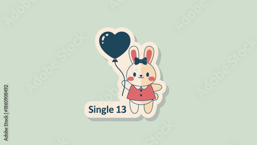 Cute Rabbit Holding Heart Balloon with "Single 13" Text Sticker