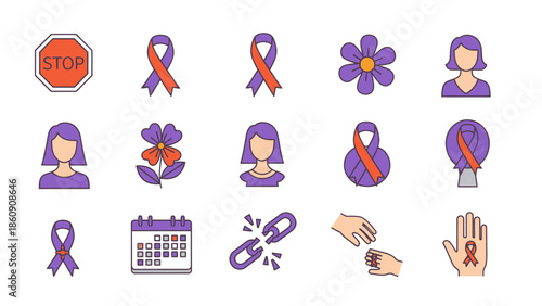 Domestic Violence Awareness Icons: Stop Sign, Ribbons, Woman, Flower, Calendar, Broken Chain, Helping Hands