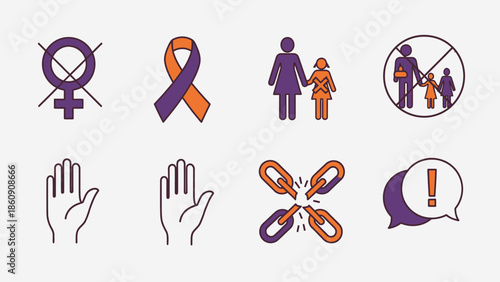 Domestic violence icons, stop violence against women and children, support ribbon
