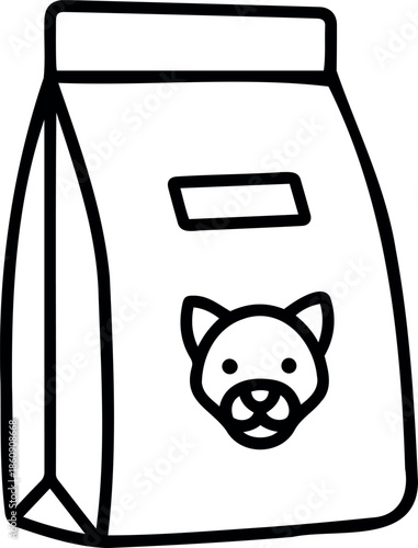 Minimalist line art icon of a bag of dry dog food or pet kibble for animal nutrition and pet care
