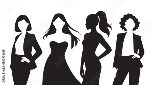 Silhouettes of four women in various professional and formal attire standing confidently against a white background