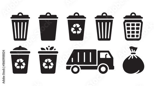 Collection of waste management icons featuring various trash cans and recycling symbols with a garbage truck