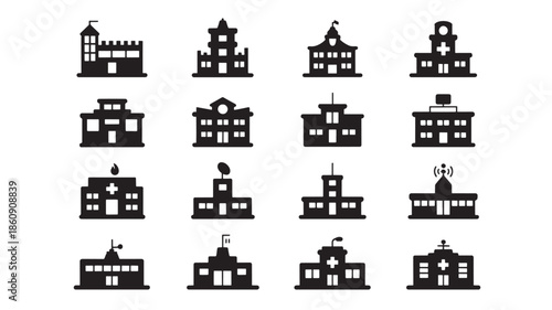 Collection of various architectural building silhouettes against a plain white background